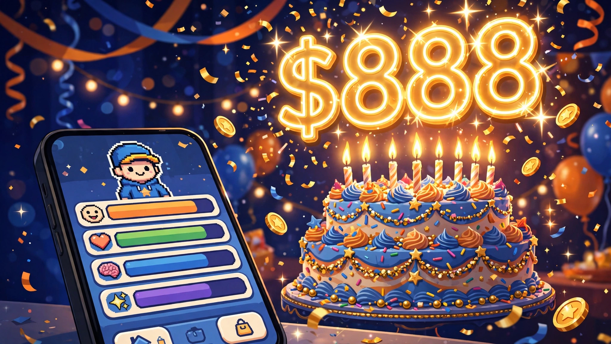 BitLife 8th birthday $888 winners giveaway – birthday cake, confetti and phone showing life-sim UI