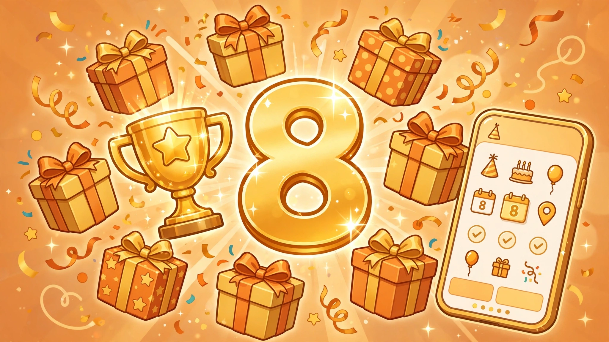 Eight $888 BitLife birthday prizes — golden trophy, gift boxes and the number 8