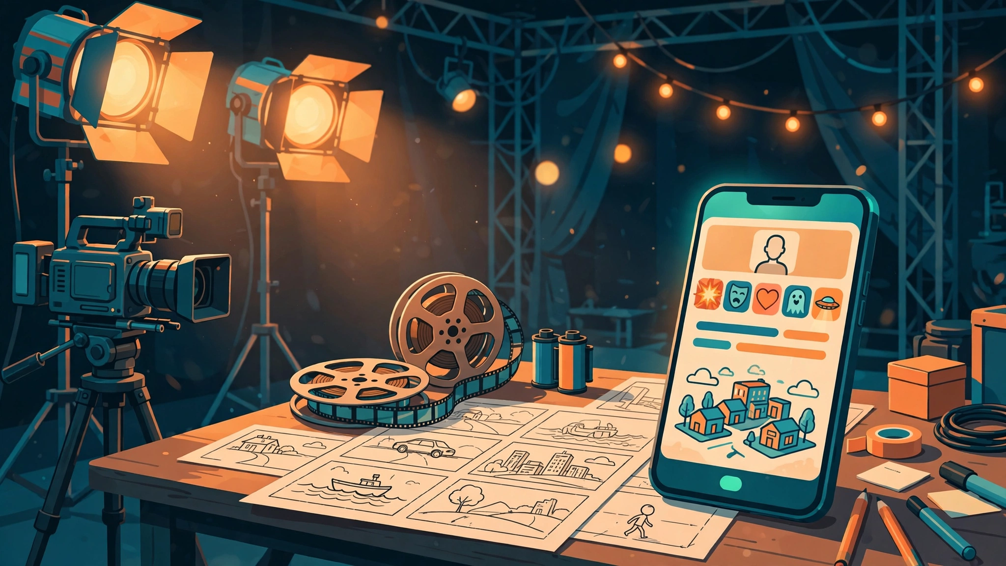 BitLife Movie Director Expansion Pack: Everything It Adds & Is It Worth It (2026) 4 BitLife Movie Director expansion pack: film set with camera, stage lights, film reel and storyboard sketches