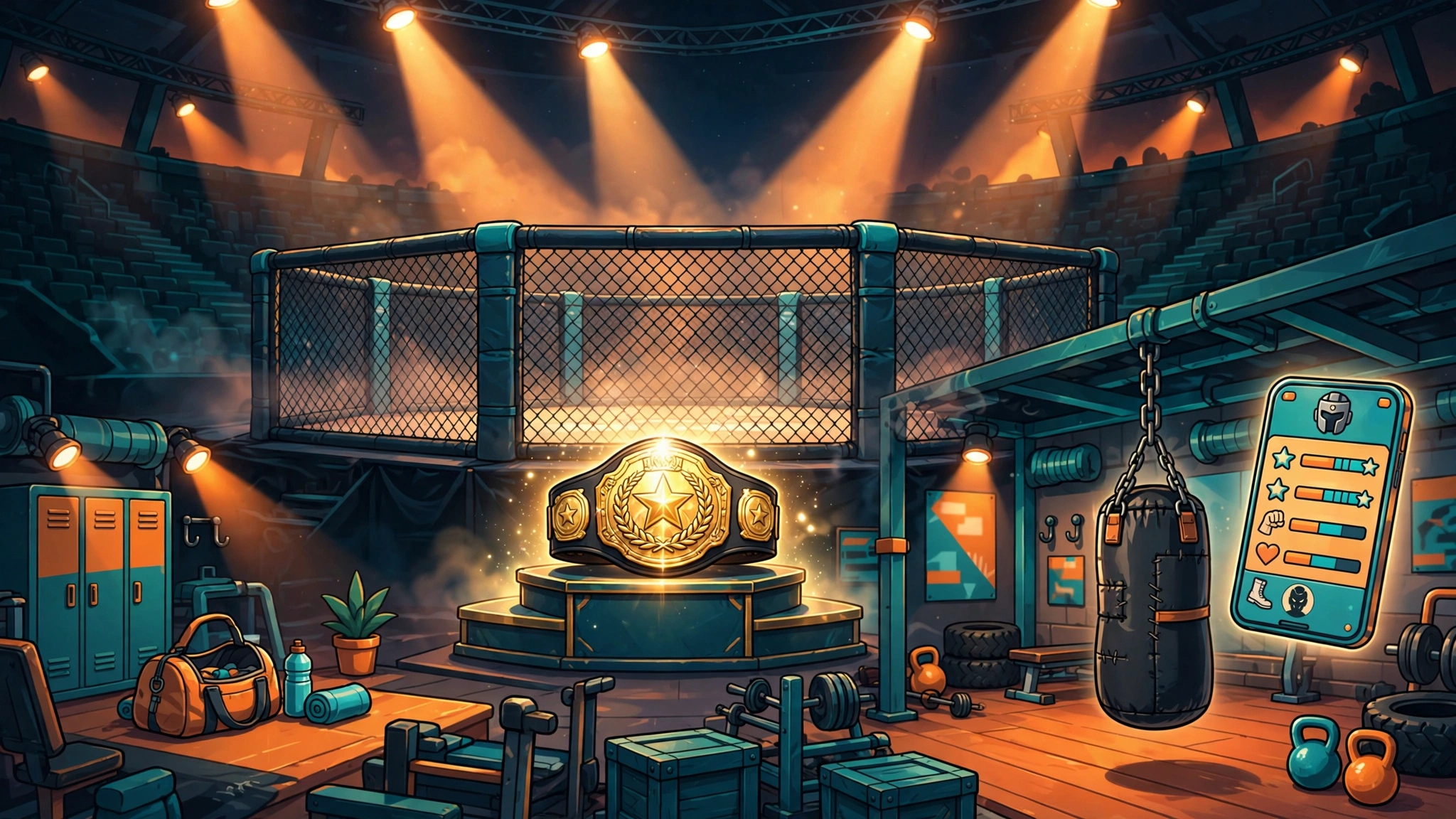 MMA octagon cage with championship belt and BitLife fighter career guide illustration